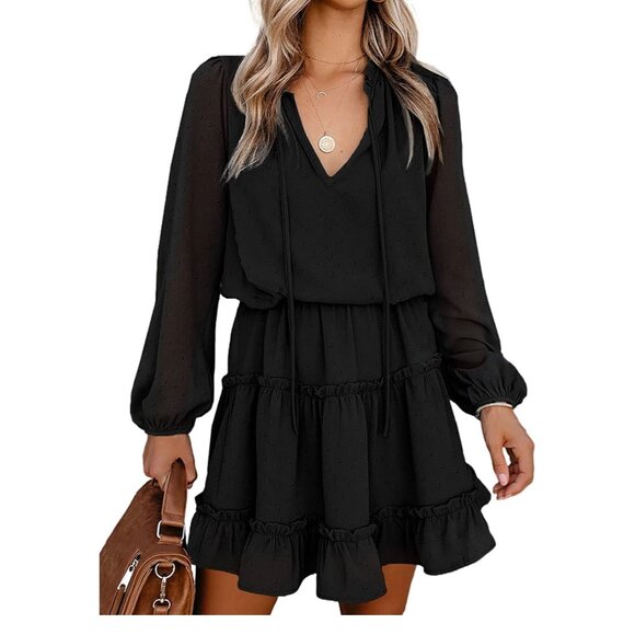 ✌️ 2/$40 ✌New Long Sleeve High Waist Black Dot Swing Dress with Ruffles sz Large - Picture 1 of 8
